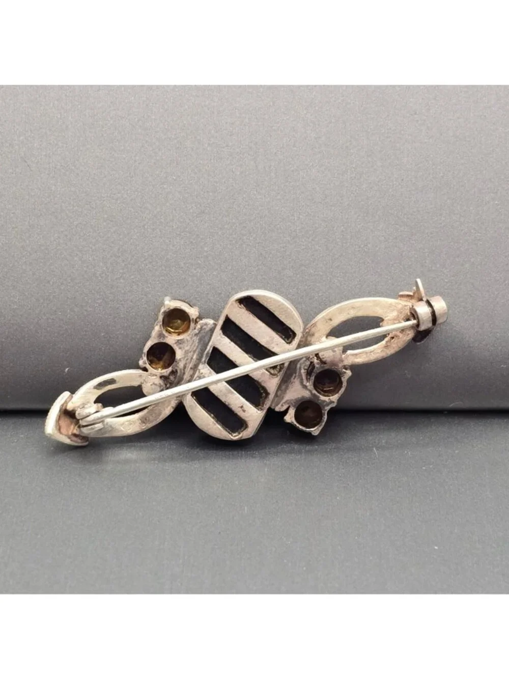 Art Deco Sterling Silver Onyx Amethyst Citrine Marcasite Brooch Vintage C Mark - Picture 7 of 15